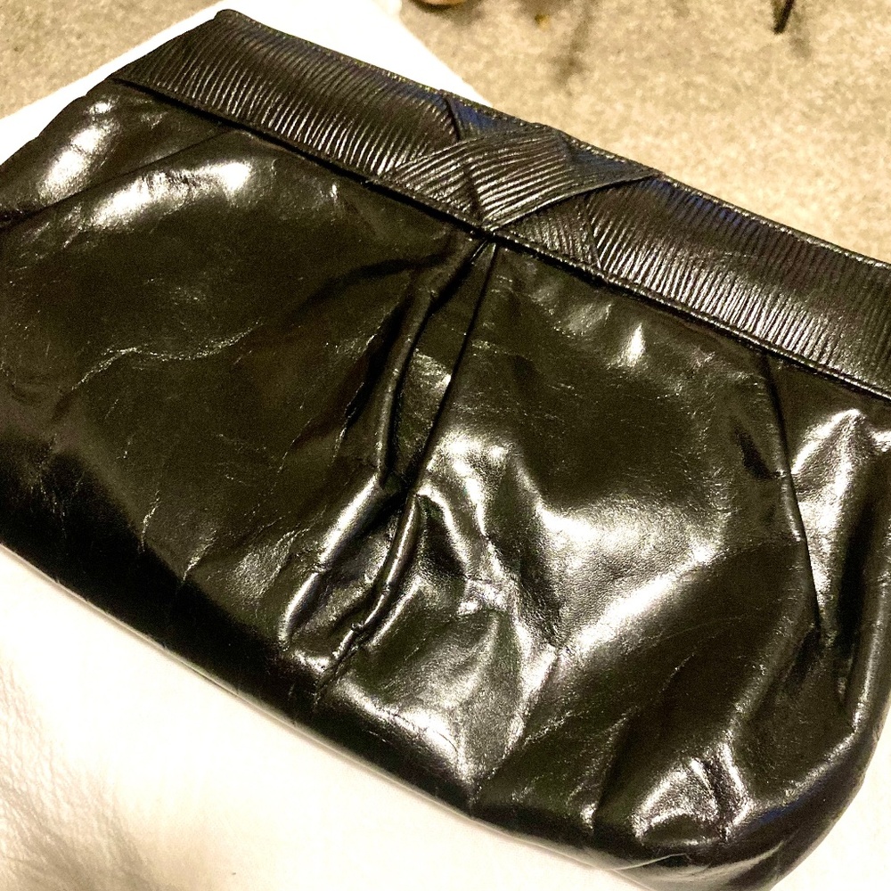 liz claiborne purse vtg80’s black clutch genuine leather handbag magnetic snap